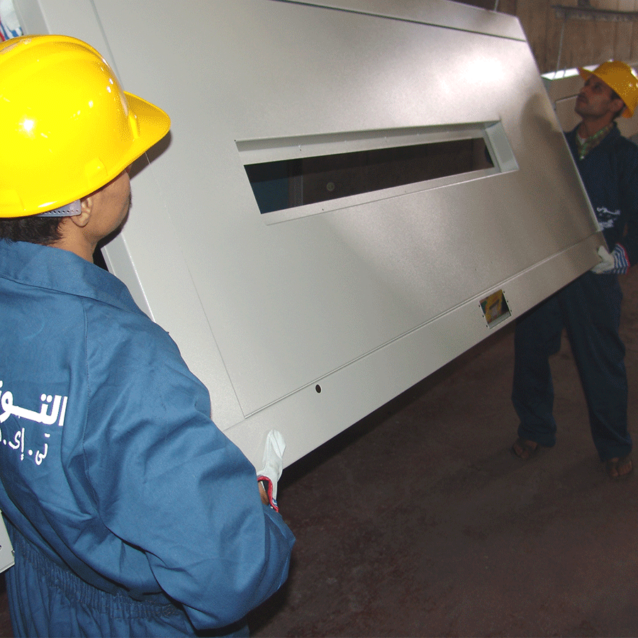 Eltouny Elevators manpower while manufacturing elevators doors in Egypt